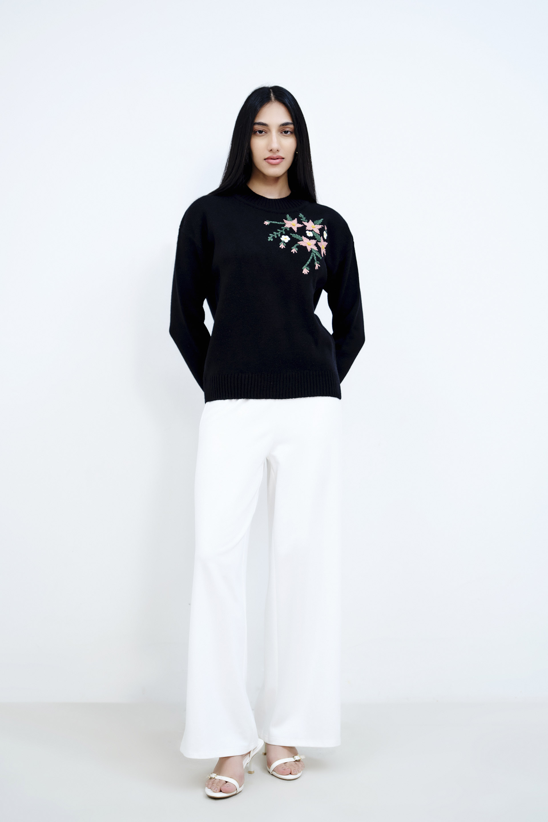 Floral Embroidery Black Sweater, Black, image 3